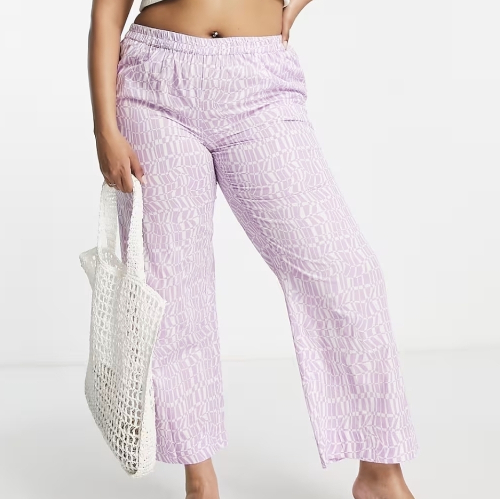 Vero Moda Lilac and White Psychedelic Checkered Striped Pants